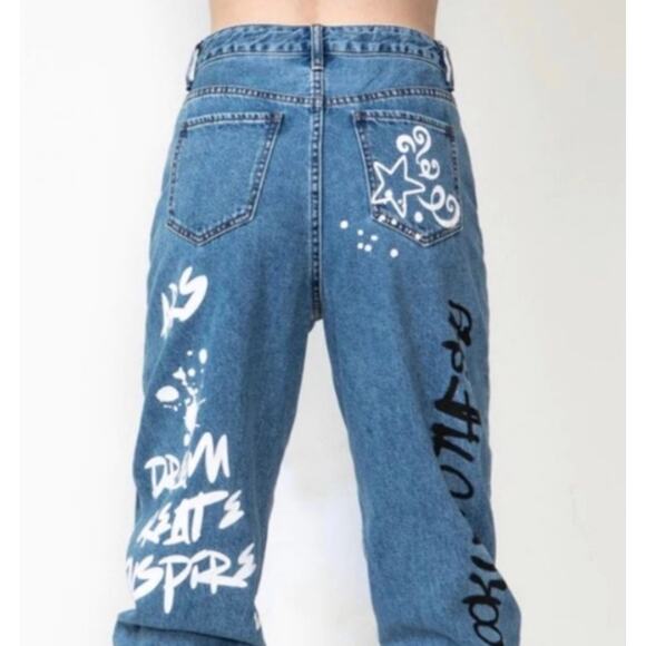 SONG Women’s 28 Blue Denim Graffiti Paint Splatter Zip Jogger Jeans - Picture 2 of 10